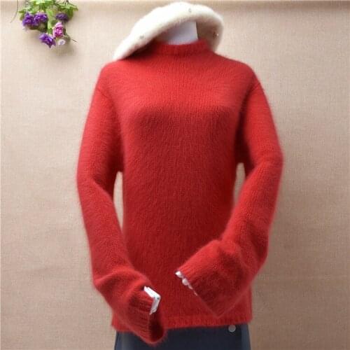 Ladies women fashion hairy mink cashmere knitted medium turtleneck long sleeves slim pullover angora fur winter jumper sweater