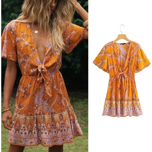Women Dress Za Fashion 2021 Bohemian Floral Print Deep V Neck Mini Dress Short Sleeve Bow Sashes Chic Holiday Vestidos Mujer