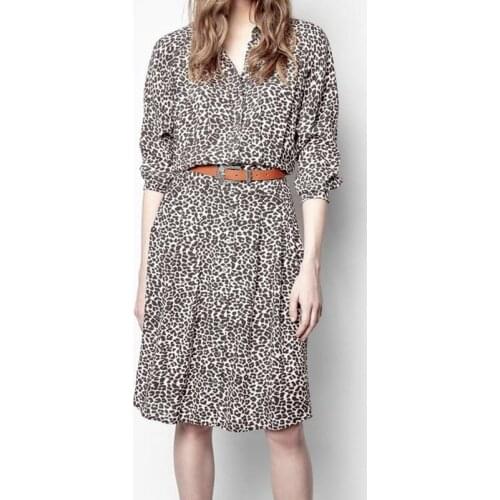 100% Viscose Leopard Print Womens Short Dress Elastic Waist Lady Turn-down Collar Female Knee-length Robe Dresses