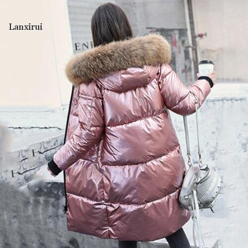 Winter X-long shiny solid womens parkas plus size with fur collar hooded thick Korean style puffer coats and jackets women