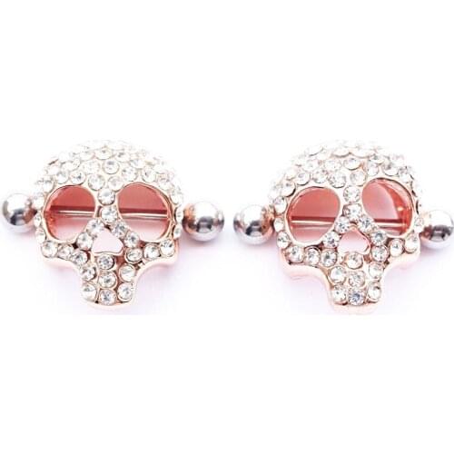 1Pair Inlaid Rhinestone Skeleton Nipple Rings Skull Shaped Crystal Steel Stainless Barbell Piercing Fashion Body Jewelry