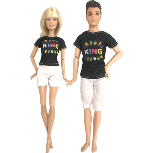 NK 2 Set Doll Couple Outfits Casual Wear Costume Blakc Shirts White Shorts Clothes for Barbie Doll for Ken Boy Dolls Baby Toy