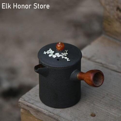 260ml Retro Black Coarse Ceramic Teapot Handmade Plum Blossom Silvered Single Tea Pots Kung Fu Tea Master Pot Mug Gift Packaging