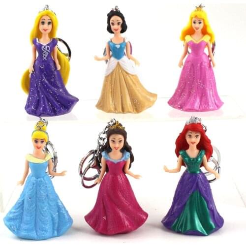 6pcs/set Anime Princess Keychain Cartoon Figures Snow White Belle Mermaid Sleeping Beauty PVC Model Toy