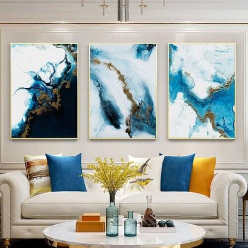 Nordic Abstract Color Spalsh Blue Golden Canvas Painting Poster and Print Unique Decor Wall Art Pictures for Living Room Dedroom