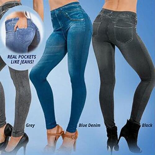 Seamless Imitation Denim Real Pocket Tight Stretch Fleece Bottoming Pants Autumn Women Leggings High Stretch Sports Leggings