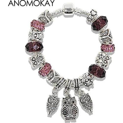 HOT Purple Crystal Charm Bracelet Silver Plated Owl Pendant Bracelet DIY Animal Bead Bracelet for Child Women Gift Enfant