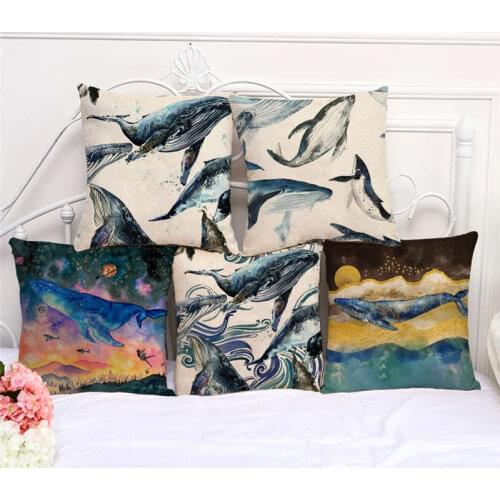 Throw Pillow Cases Watercolor Whale Cute Animal Cushion Cover 45x45cm Home Living Room Decoration Linen/Cotton Pillowcover Decor