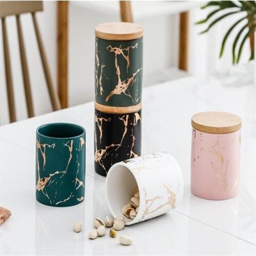 Black Marble Pattern Ceramics Storage Bottles Sealed Jars And Bamboo Lid Home Kitchen Storage Can Container For Seasoning Food