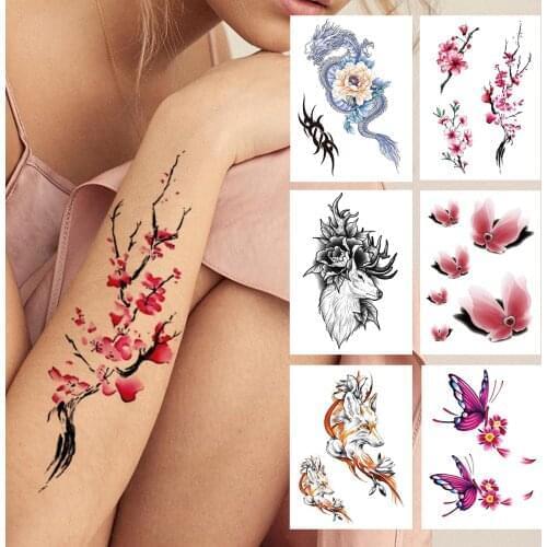 Plum Flower Temporary Tattoo For Women Girls Watercolor Dragon Fox Tattoos Sticker Fake Butterfly Deer Body Art Drawing Tatoos