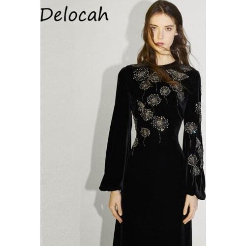 Delocah New 2021 Autumn Women Fashion Designe Midi Dress Lantern Sleeve Gorgeous Embroidery Elegant Ladies A-Line Dress Vestidos