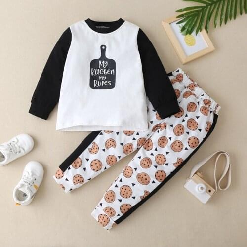 Kids Clothes Baby Boy Clothes 2 Pcs Set Letter Patchwork Long Sleeve Tops+Cookies Print Trousers Casual Toddler Girl Clothes1-6Y