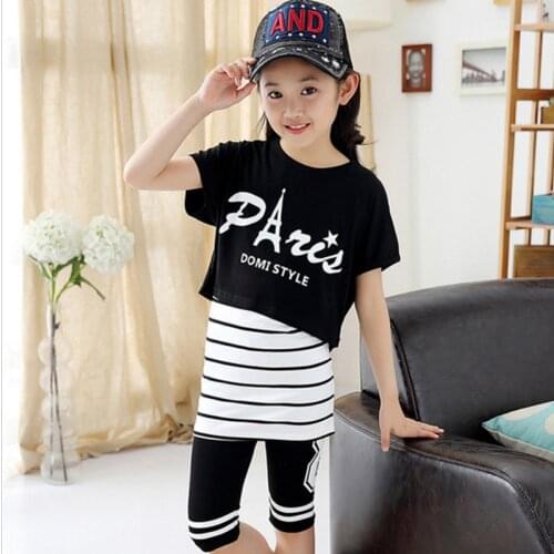 Childrens Girls Summer Set 3 Pieces Suits Fashion Letters Printed Striped Cotton Clothing Set Black/White 120-170