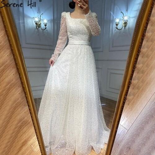 Dubai White A-Line Sexy Luxury Evening Dresses 2020 Beading Long Sleeve Sexy Formal Dress Serene Hill LA70587