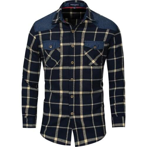 Long-Sleeved Denim Shirt Mens Patchwork Fitted Turn Down Collar Cotton Plaid Shirt USA/EU Size Cardigan