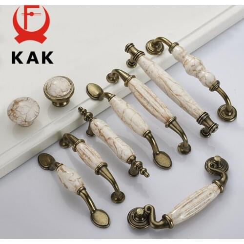 KAK 5pcs/lot Marble Lines Ceramic Cabinet Handles Zinc Alloy Drawer knobs Wardrobe Door Handles Antique Bronze Furniture Handle
