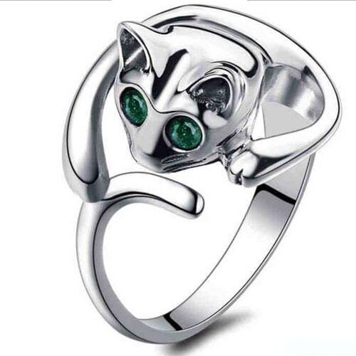 Cat Shape Rings For Women Cool Silver Plated Kitten Cat Ring Fashion Jewelry With Crystal Eye Gift Ring Anel Feminino ACS-108-B