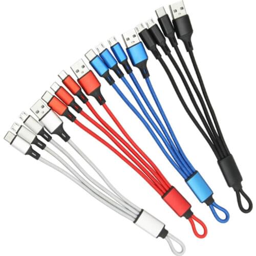 Short 3 in 1 USB Cable for iPhone Samsung Android Mobile Phone Nylon Micro Usb Type C Multi Keychain Data Sync Line Cord Wire