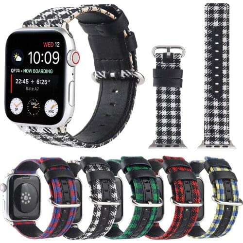 Fashion Canvas Plaid Leather Strap for Apple Watch SE Band Series 6 5 4 3 Wrist Belt for Iwatch 40mm 44mm 38mm 42mm Bracelet