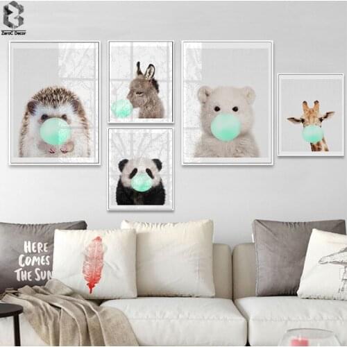 Cute Animal Bubble Gum Panda Donkey Giraffe Canvas Art Print Nursery Canvas Painting Poster Kids Room Tribal Wall Art Decor