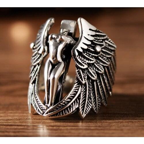 Fashion Feather Angel &Cross Cool Unique Design Rings for Men Vintage Thai Black Silver Color Masculine Accessories Jewelry New