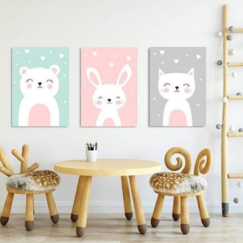 Nursery Wall Art Pictures Cute Rabbit Cartoon Animals Canvas Painting Nordic Posters and Prints Baby Girl Bedroom Decoration