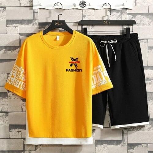 April MOMO 2021 Mens New Summer Round Neck Stitching Printing Casual Short-sleeved Youth Trend Loose Two-piece Suit