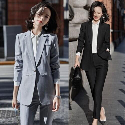 Formal Grey Blazer Women Business Suits Office Ladies Pant and Jackets Sets Work Uniforms OL Styles