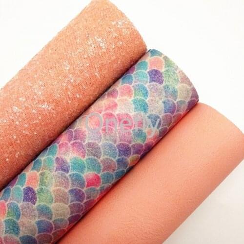 Onefly 21X29CM Chunky Glitter Leather, mermaid Printed Glitter fabric, Synthetic Leather Sheets For Bow DIY handbags shoes DQ089