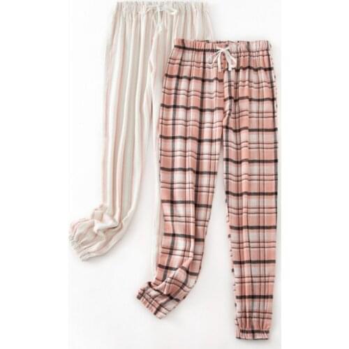 Spring Autumn Women Cotton sleeping bottoms Female plus size Loosen nighty trousers Ladies Plaid pajama pants Full Trousers