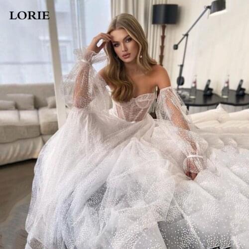 LORIE Modern Ivory A Line Wedding Dresses Detachable Puff Sleeve Dotted Tulle Corset Bridal Gowns Fairy Formal Party Dress