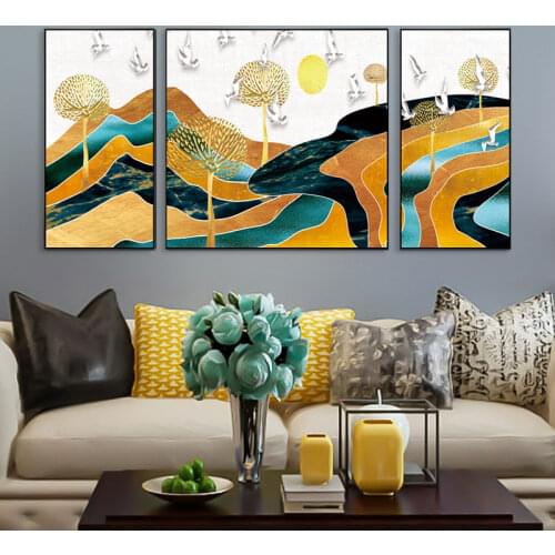 Modern Golden Abstract Art Golden Tree and Stone Pictures Painting Wall Art for Living Room Home Decor (No Frame)