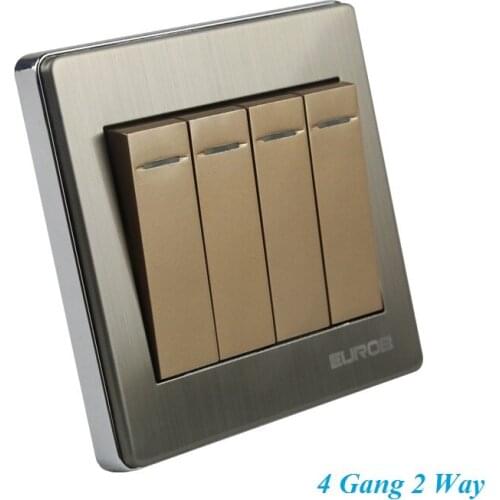 High Quality E9 Series Brushed Stainless Steel Gold Wall Switch With Fluorescence 4 Gang Double Control Switch 86*86mm