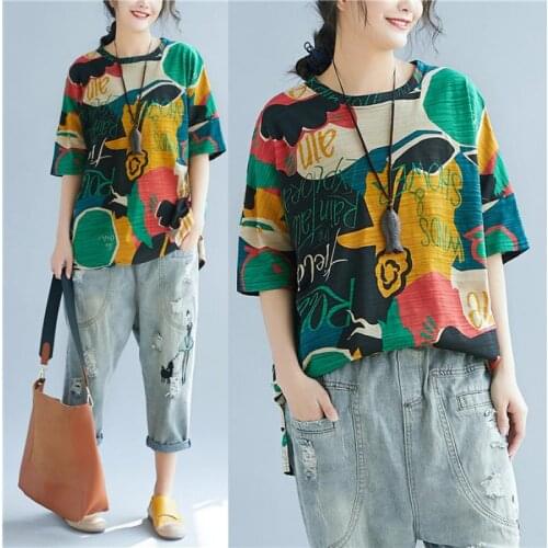 Korean Printed Short Sleeve T-shirt Women 2021Summer t shirt Round Neck Pullover t shirts Tee Loose Top Streetwear