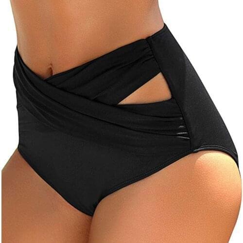 Cross Wrap Hollow Out Swim Trunks Women Swimming Pants Black High Waist Swimming Shorts Bikini Beach Swimwear Trajes De Bano
