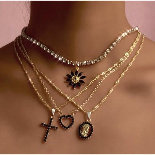 New Luxury Black Crystal Sunflower Tennis Choker Jewelry For Women Hiphop Multilayer Religious Cross Twisted Chain Necklace Sets