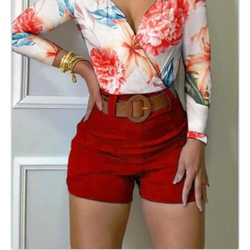 Wome V-neck Printed Long Sleeve Top and Shorts Suit 2021 Summer New Home Service Pajamas Two Piece Set