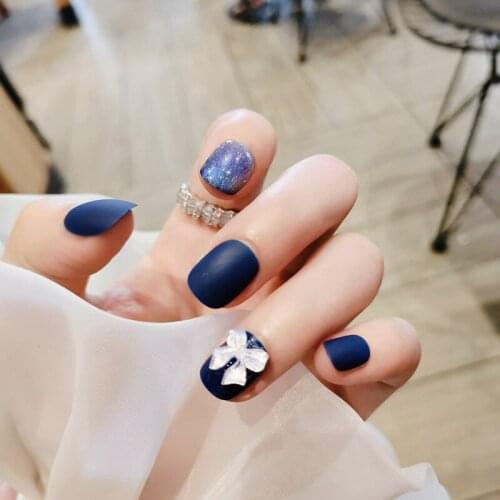 24Pcs/Set Deep Blue Fake Nails Short Removable Nail Sliders Simple 3D Bow Design Accessories Nails Supplies For Professionals