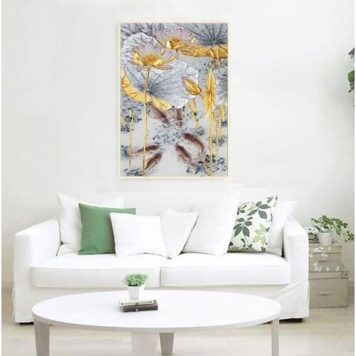 Abstract Gold Lotus Fishes Canvas Painting Poster Art Cuadros New Chinese Style Decor Wall Pictures for Living Room Aisle