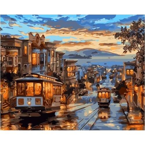 Frameless Small Town Path Painting By Numbers Plant Acrylic Paints Frameless Evening tram bus picture Wall Art Canvas Painting
