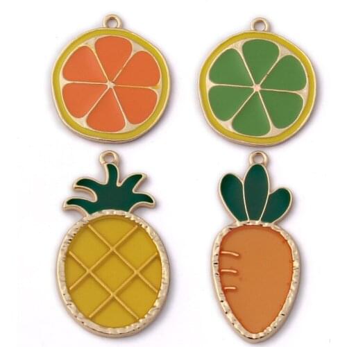 Free Shipping 40pcs Fruit Lemon Orange Pineapple Carrot Pendants Enamel Alloy Oil Drop Fruit Jewelry Fashion Charms Ornaments