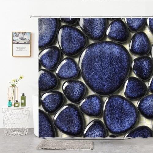 Colorful Pebble Shower Curtain Mediterranean Blue Crystal Glaze Stone Tile Pattern Printing Bathroom Curtains Home Decoration