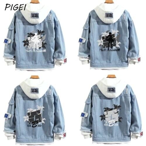 Game NieR:Automata 2B Cosplay Denim Jackets Mens Autumn YoRHa No. 2 Cropped Hoodies Sweatshirts Hip Hop Coats Couples for Women