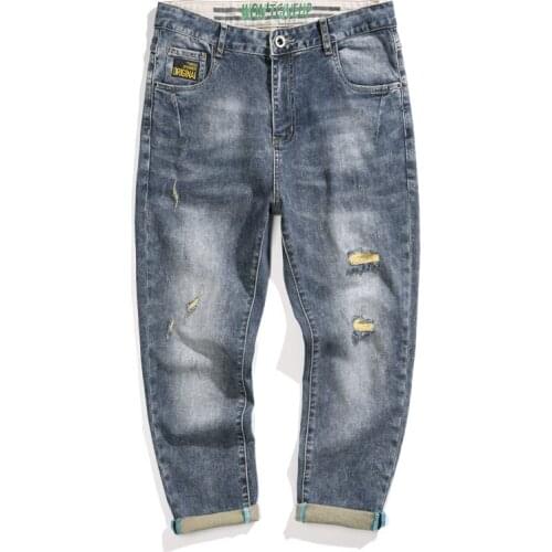 Riped Jeans Men Harem Pants Cropped Trousers Blue Stretchy Destroyed Hip Hop Capri-Pants Distressed Mens Clothing 2021 Summer