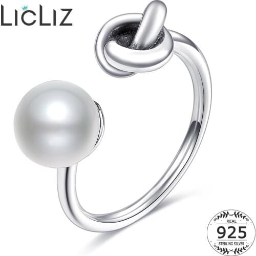 LicLiz Punk 925 Sterling Silver Pearl Knot Open Adjustable Rings Original Jewelry For Women Wedding Band Anel Feminino LR0280