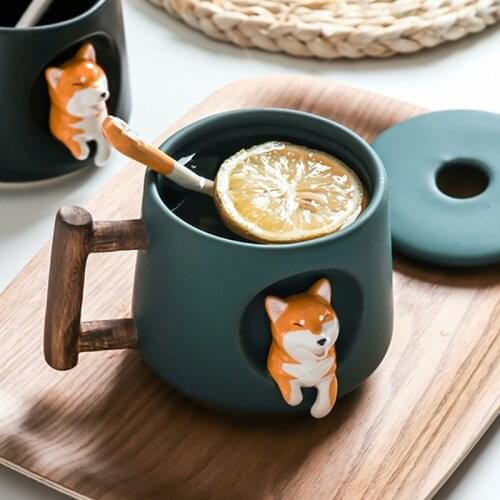 Creative Embossed Dog Coffee Mugs with Lid Spoon Cute Cartoon Water Milk Tea Cups Friends Copo Creative Drinkware