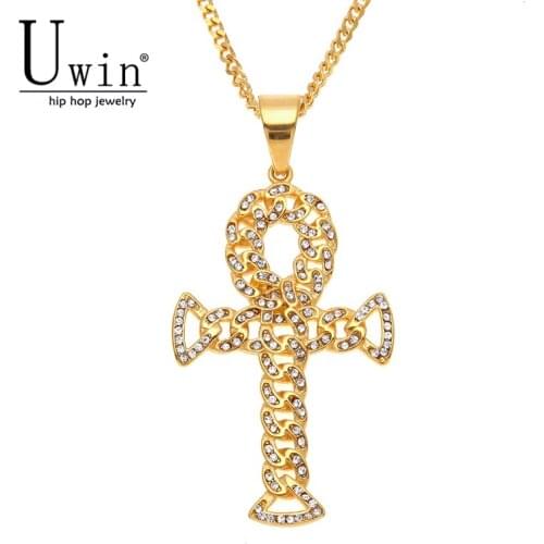 UWIN Stainless Steel Hip hop Ankh Pendant Men Women Round Rhinestone Fashion Punk Jewelry Cuban Chain Necklace Gold Color