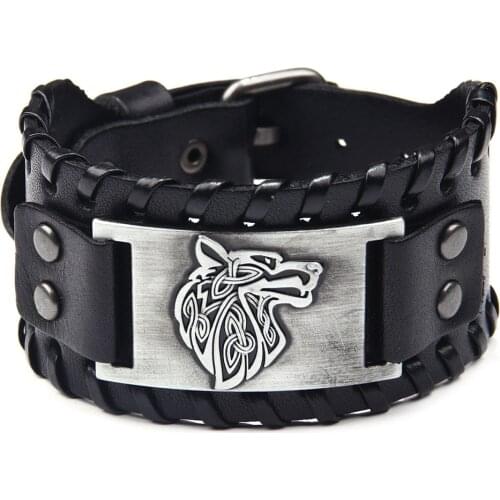 Hot Sales Retro Men Wolf Head Wide Leather Bracelet Alloy New Style Weaving Leather Bracelet