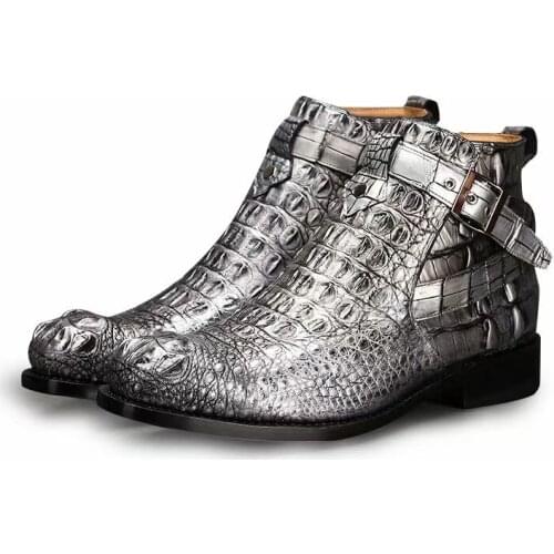 Authentic Crocodile Skin Hand Painted Dark Gray Mens Chelsea Boots Genuine Alligator Leather Cowskin Outsole Male Ankle Shoes
