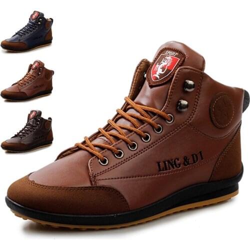 Fashion Mens PU Leather Boots Casual Spring Autumn Lace Up High Top Flat Sports Shoes 3 Color Walking Shoes